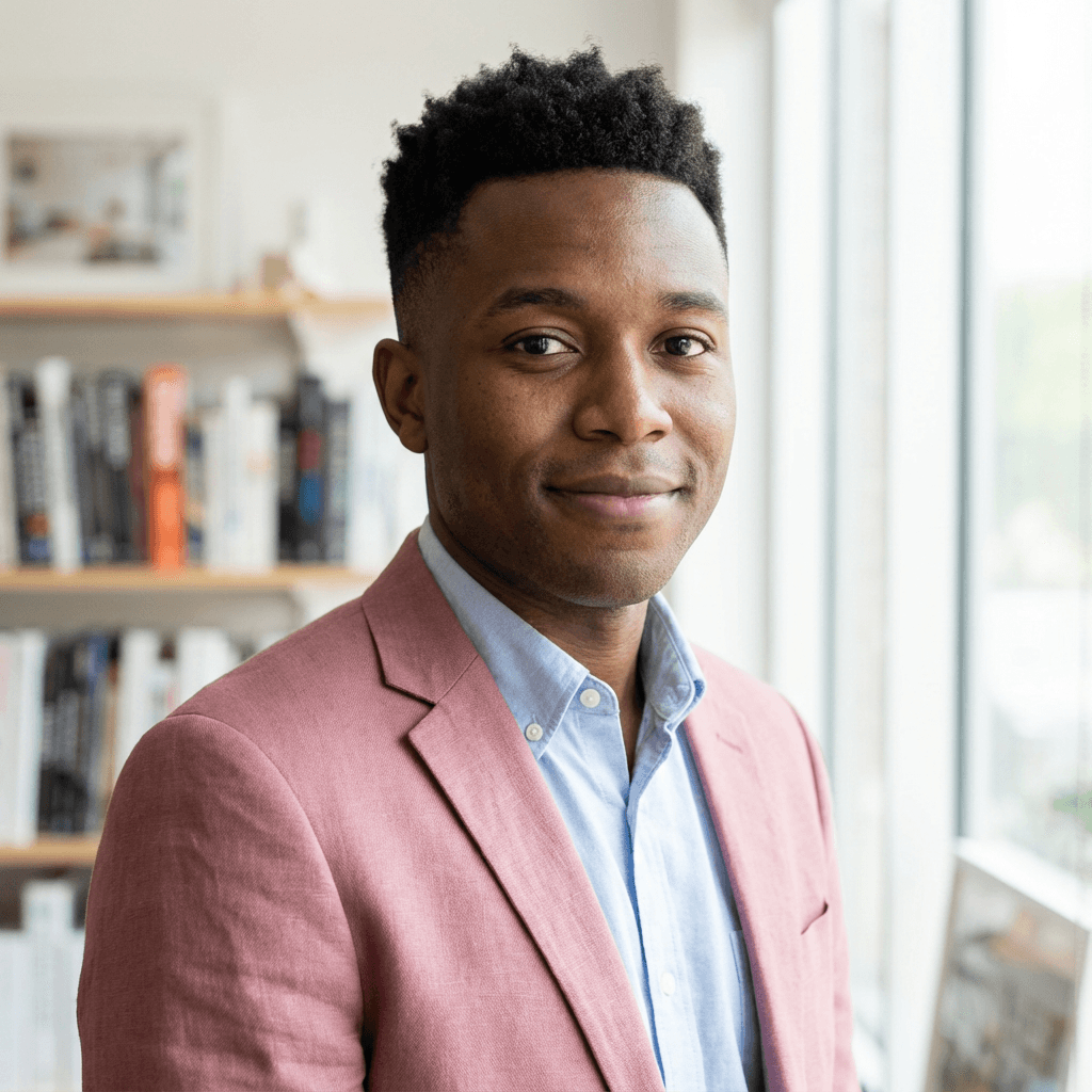 Owner of a digital marketing agency standing in a bright home office