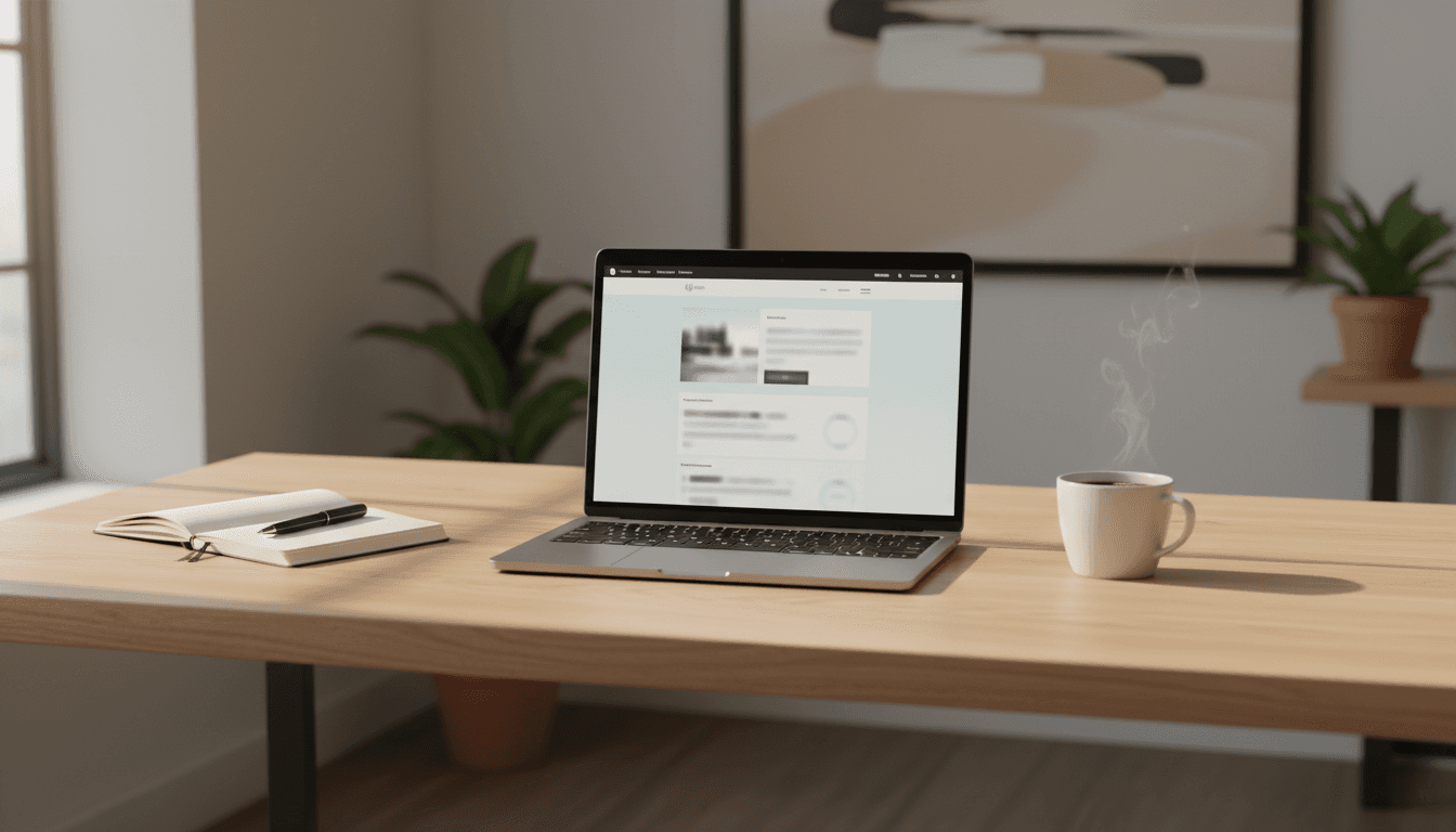 Laptop displaying a website design on a wooden desk with coffee and notebook nearby