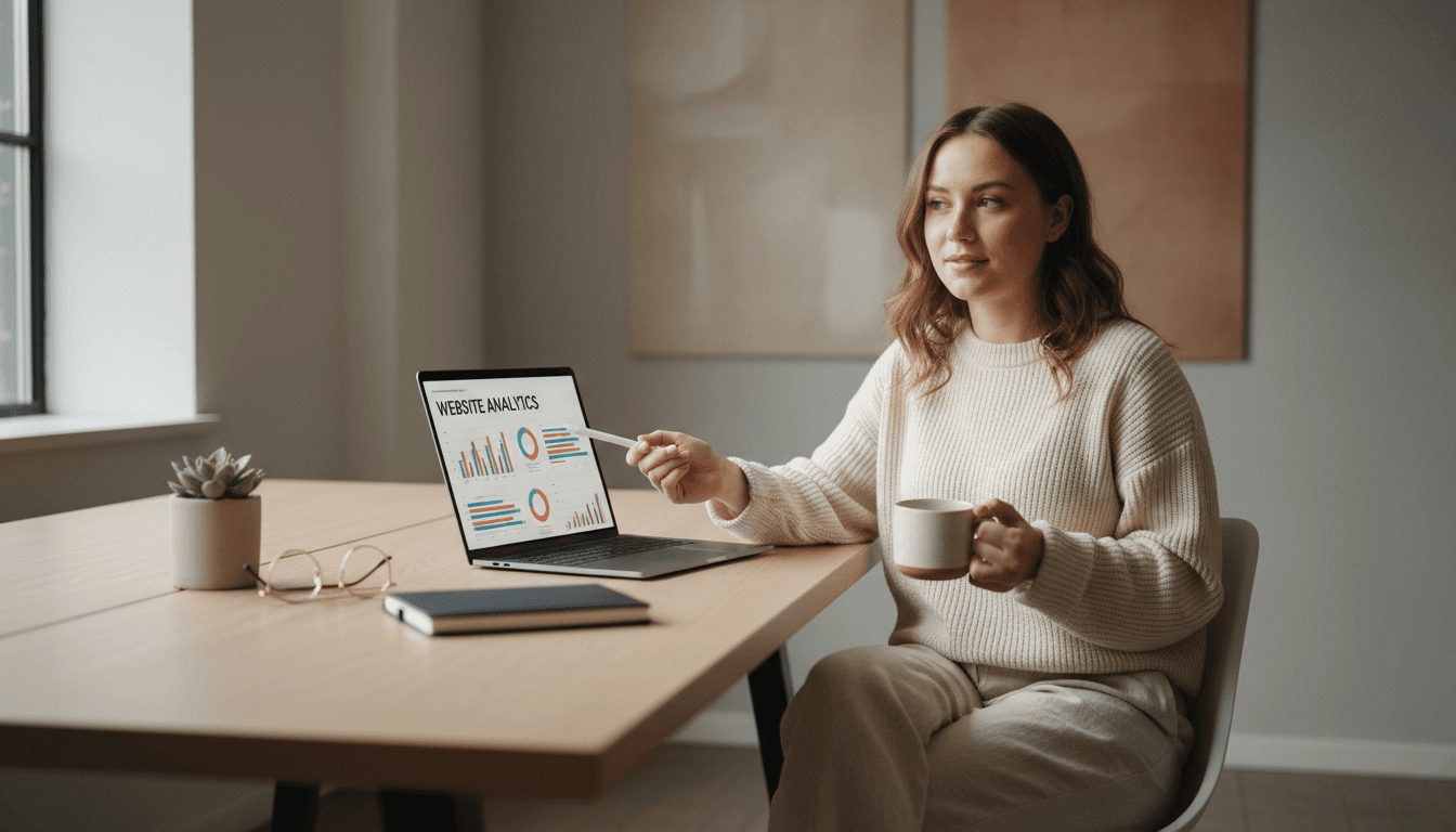 Business owner reviewing website analytics on a laptop at a bright desk
