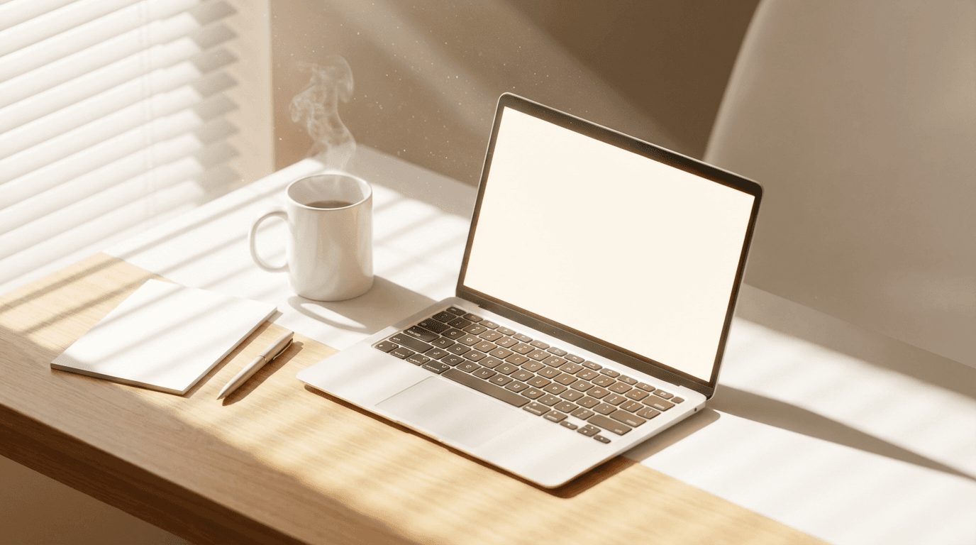 Designer's workspace with a laptop showing website design work in progress