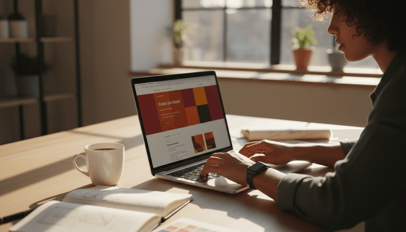Workspace with laptop showing a website design