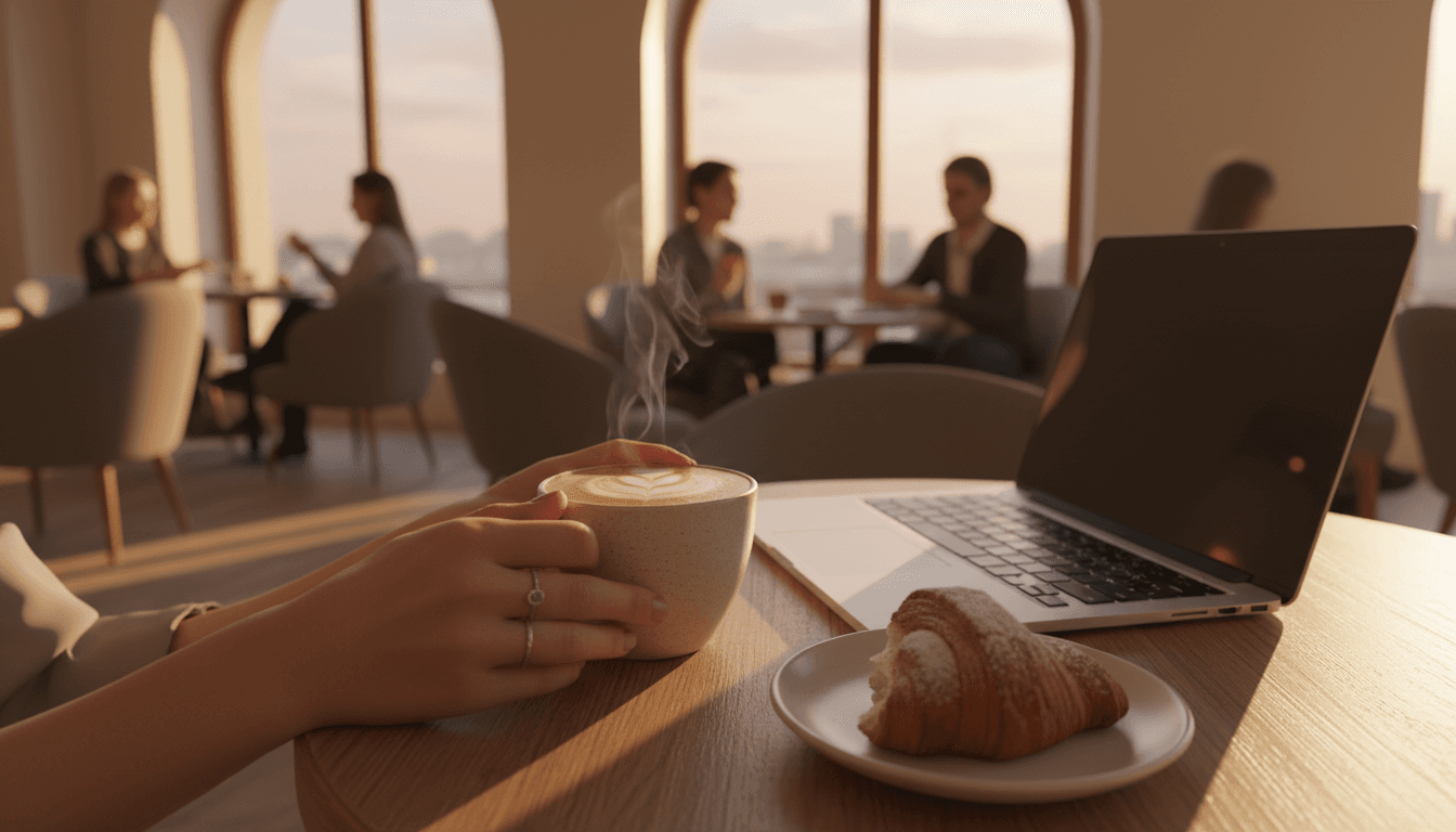 Clean restaurant website on a laptop in a sunlit café