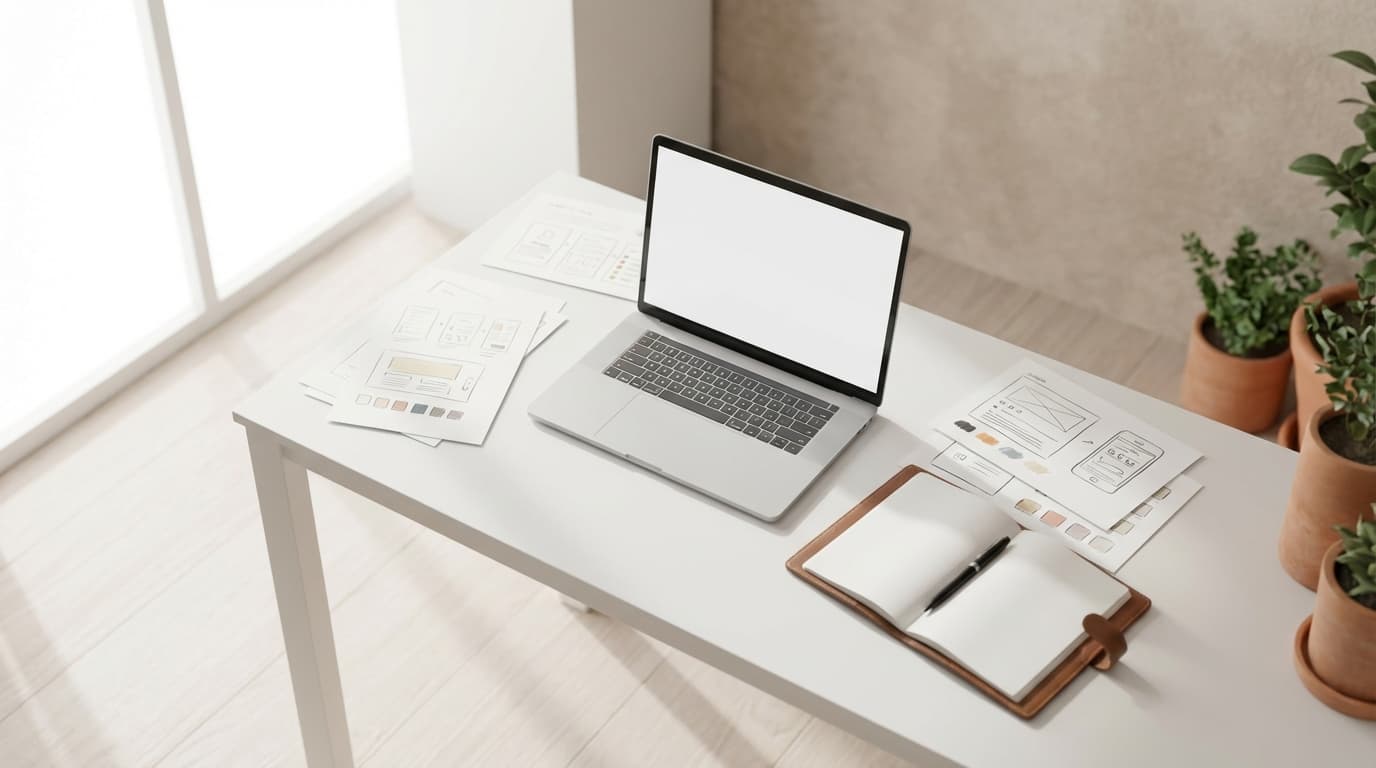 Modern workspace with website design on laptop