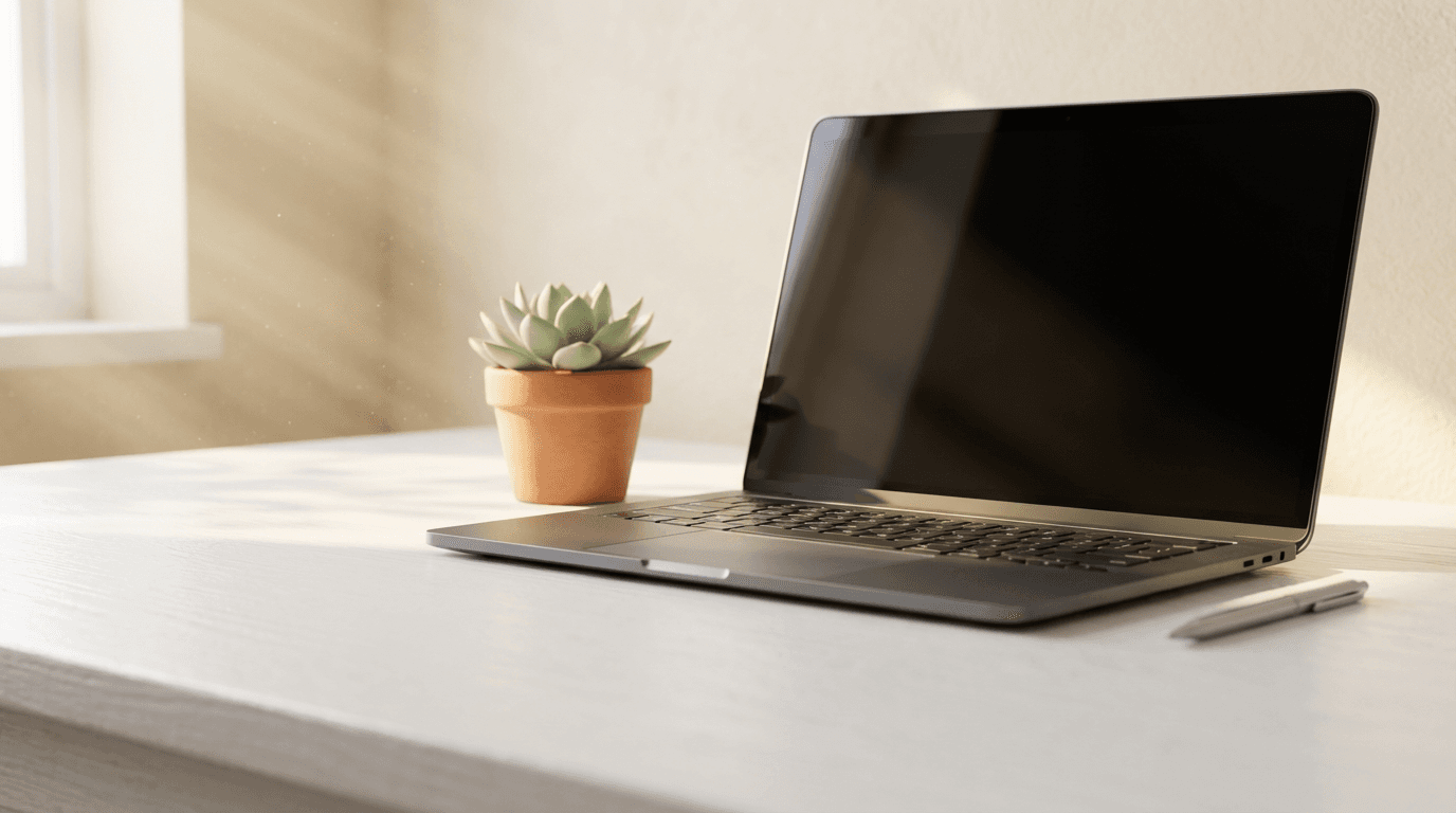 Modern workspace with laptop displaying a website design