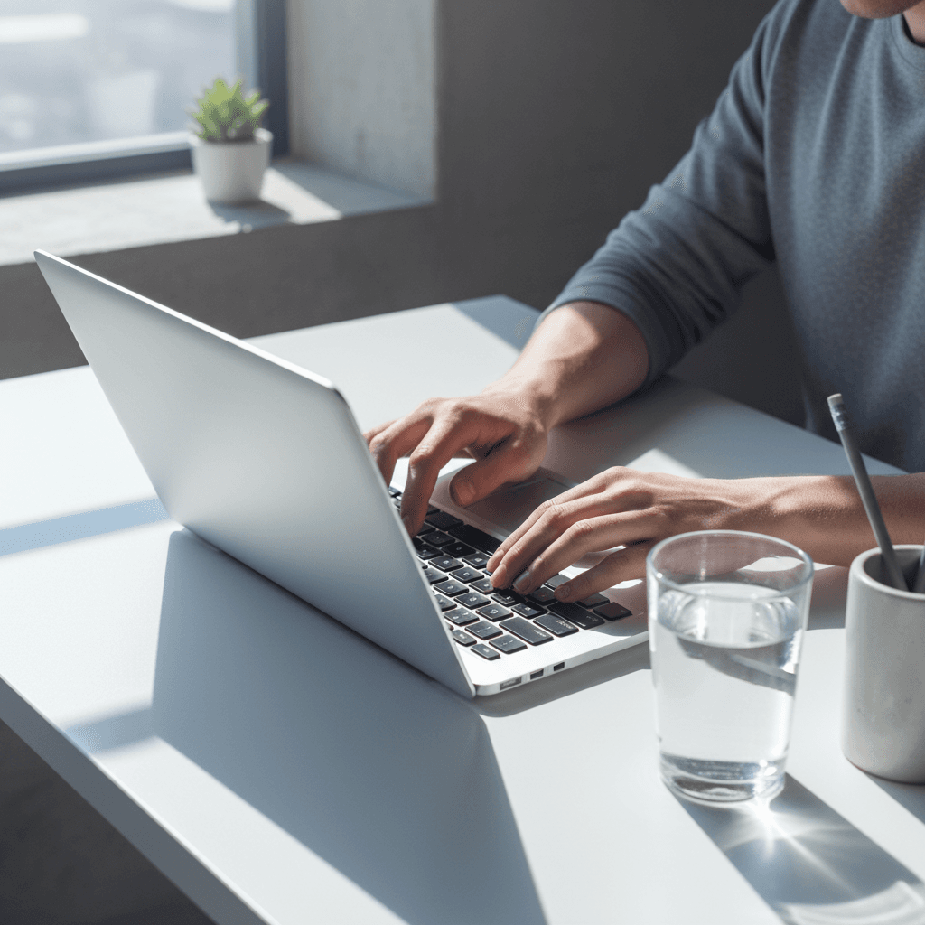 Hands typing on a laptop with handwritten notes nearby in a small office