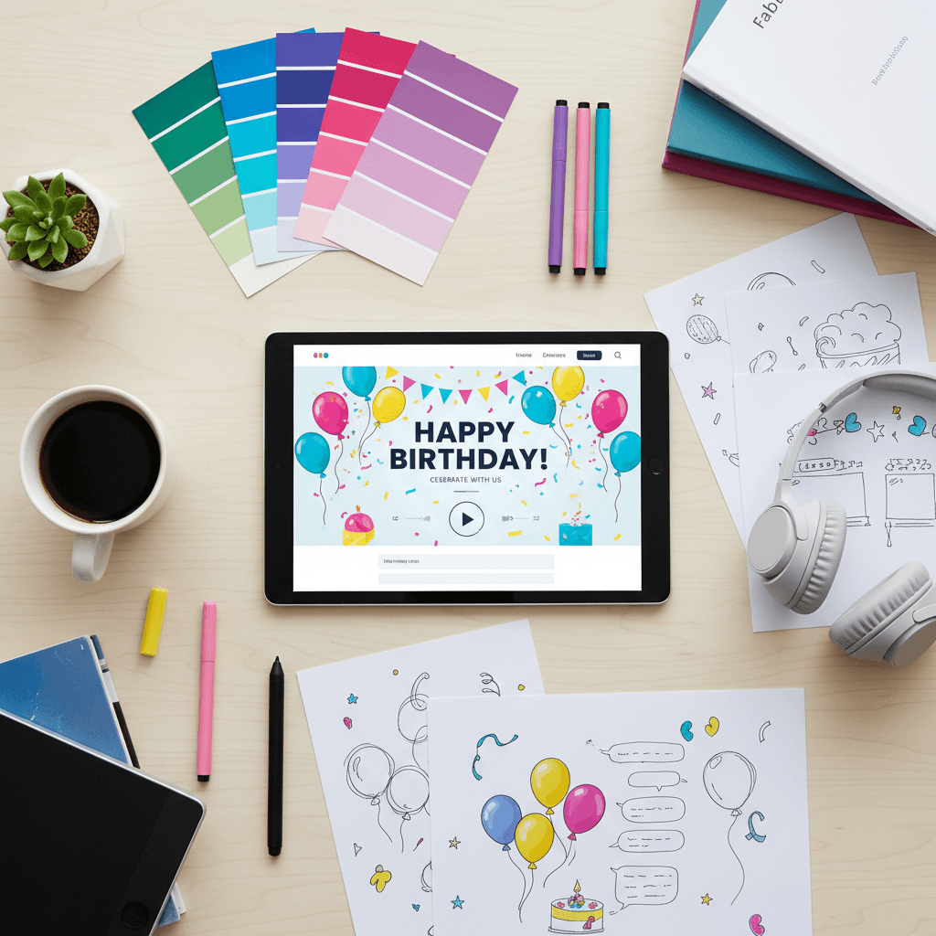 Designer's desk with social media campaign planning tools