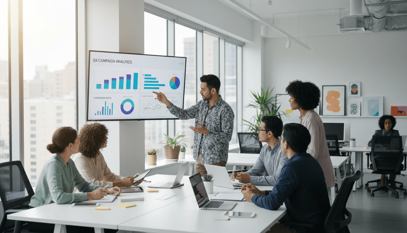 Team reviewing marketing analytics on a large monitor