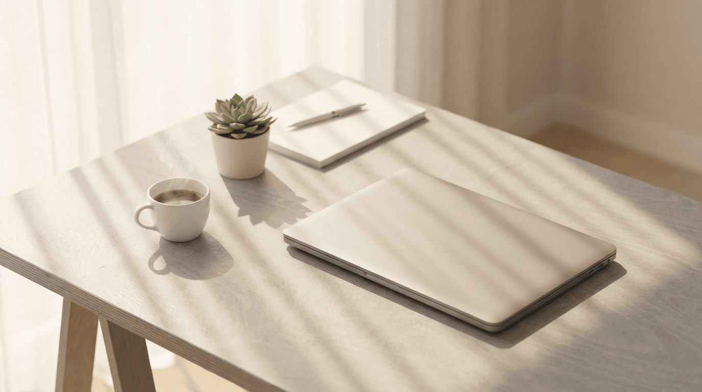 Desk with laptop showing website analytics in a bright office